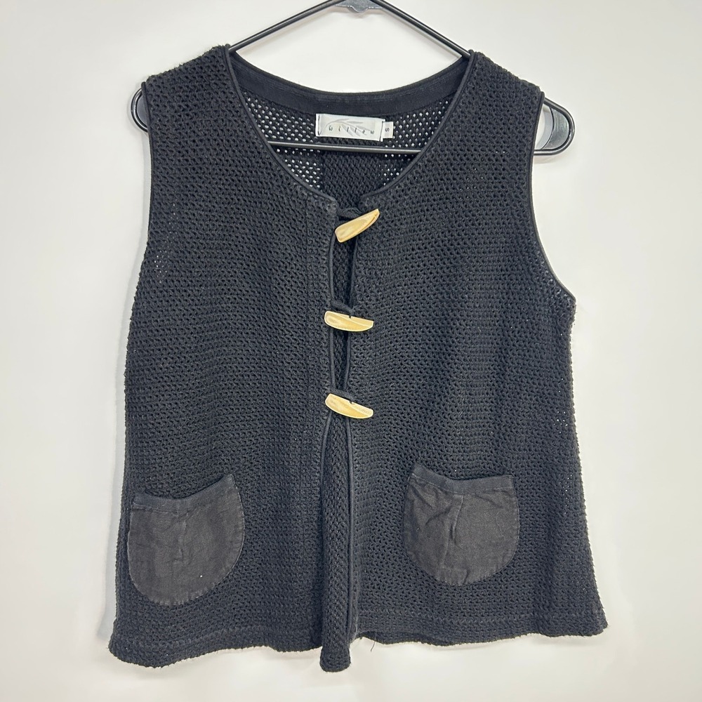 Cotton Crochet Sweater Vest Black Small Toggle Pockets Lagenlook Boho USA